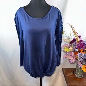 Como Vintage Blue Sequin Sleeve Knit Top XL Boho Chic Long Sleeve